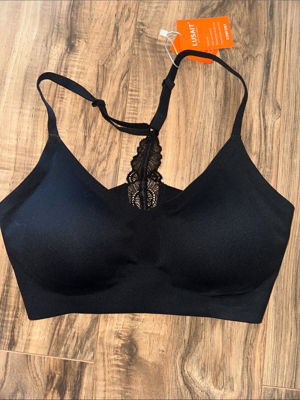 LUSAIT Black Lace-Back Jelly Wireless Seamless Bralette